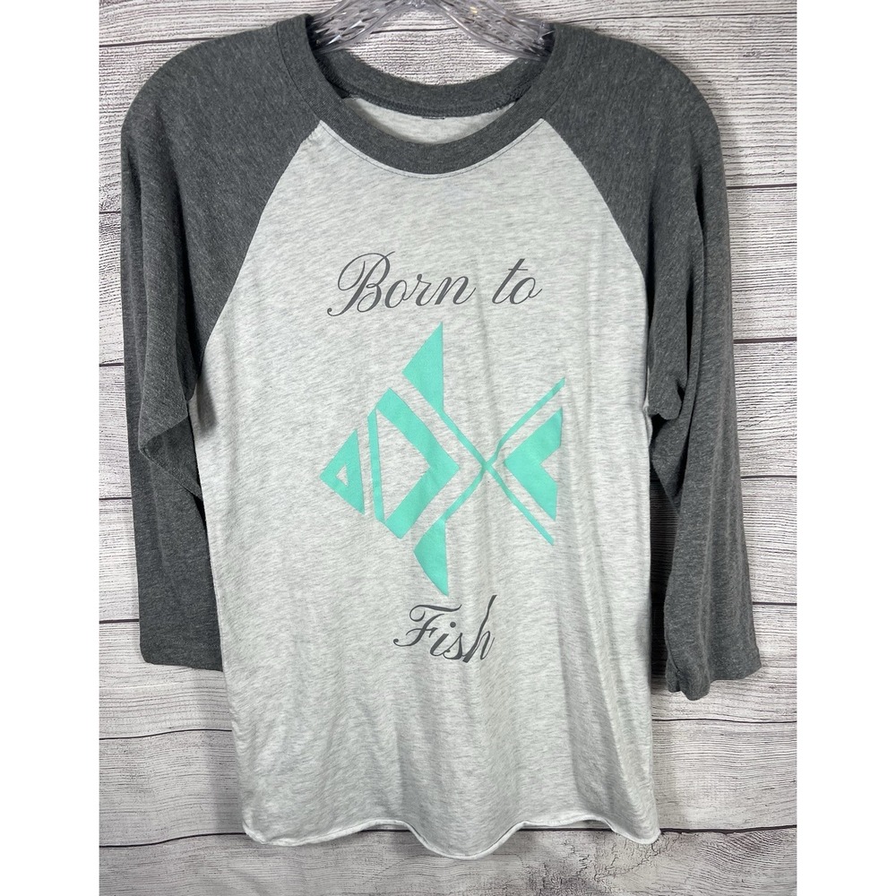 Crappie Queen Women's Raglan Baseball Shirt Small S Born To Fish Gray Green 3/4